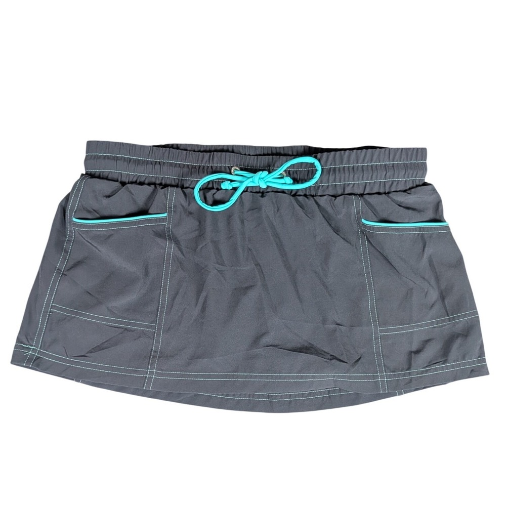 Free Country Womens Charcoal Grey Teal Trim Swim Skirt Skort with Built-in Brief